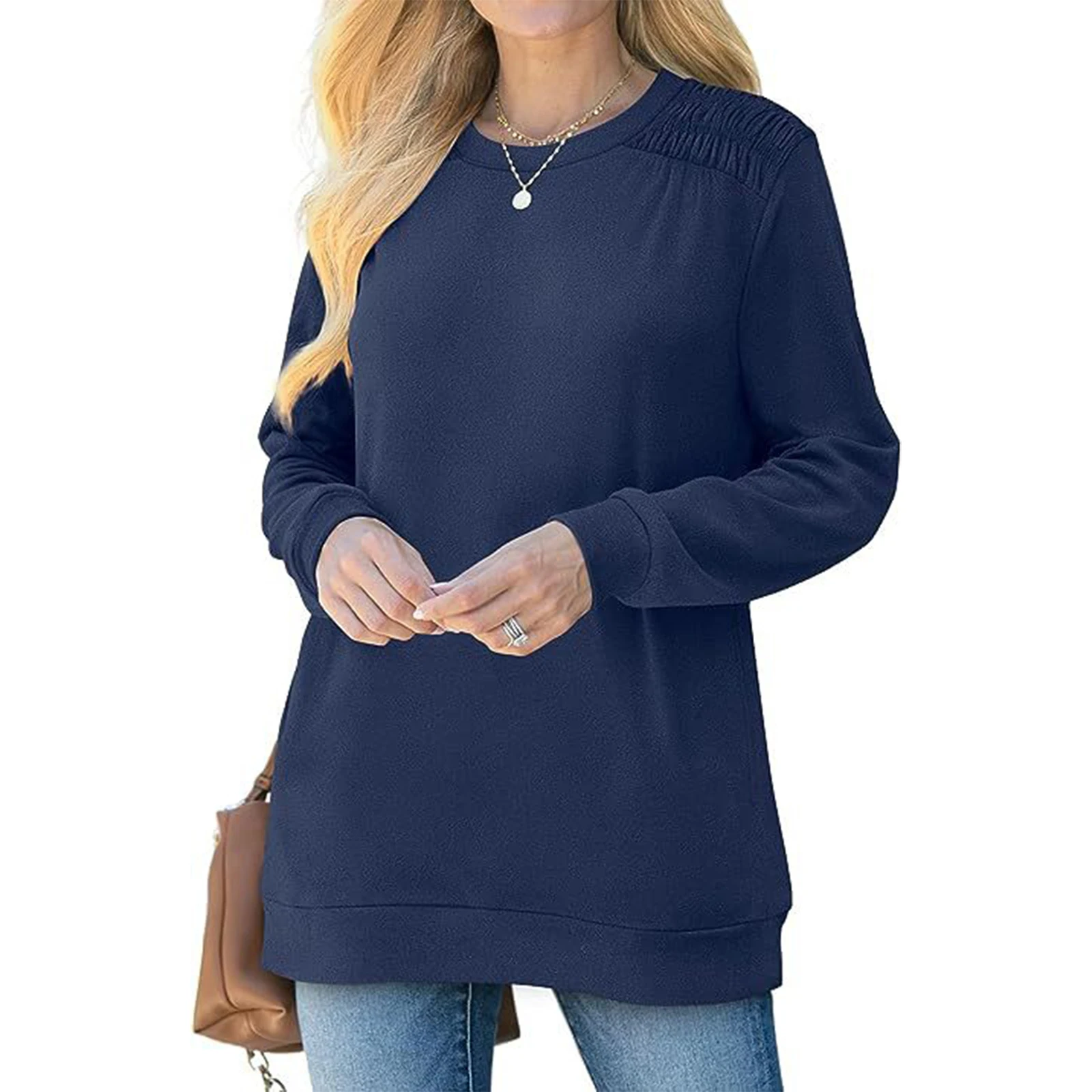 2024 Autumn Women's  Loose Sweatshirt Fashion Female Long Sleeve Round Neck Solid Color T-Shirts Loose Warmer Pullover Tops