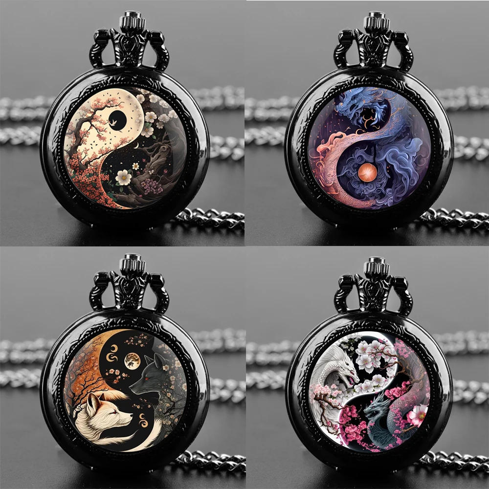 

Yin and Yang Wolf Dragon Design Quartz Pocket Watches for Women Men Watch Unique Pendant Clock Necklace Kids Jewelry Gifts