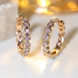 Elegant Pink Crystal Zircon Hoop Earring Single Row Small Round Stone Earrings For Women Vintage Gold Color Wedding Jewelry Gift