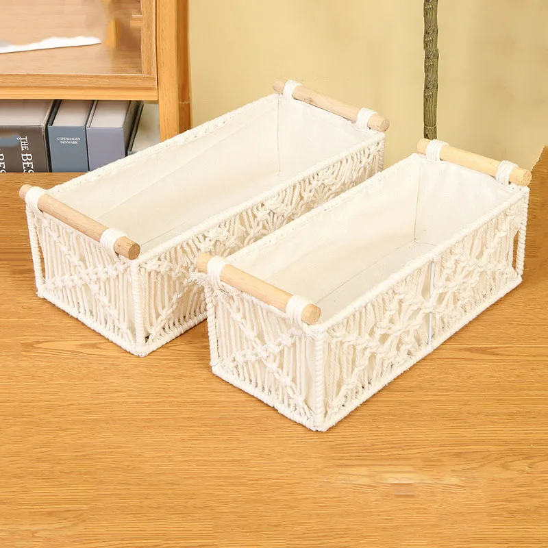 Bohemian Style Storage Containers Cotton Rope Hand Woven Rectangle Desktop Sundries Storage Basket Make Up Organizer