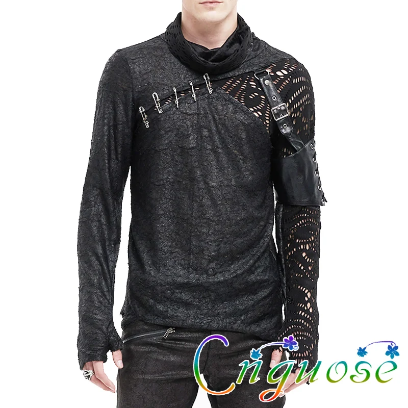 Fashion Gothic Punk Long sleeved T-shirt Steam Hollow Rivet  Men's T-shirt Top 2024 Men's clothing top