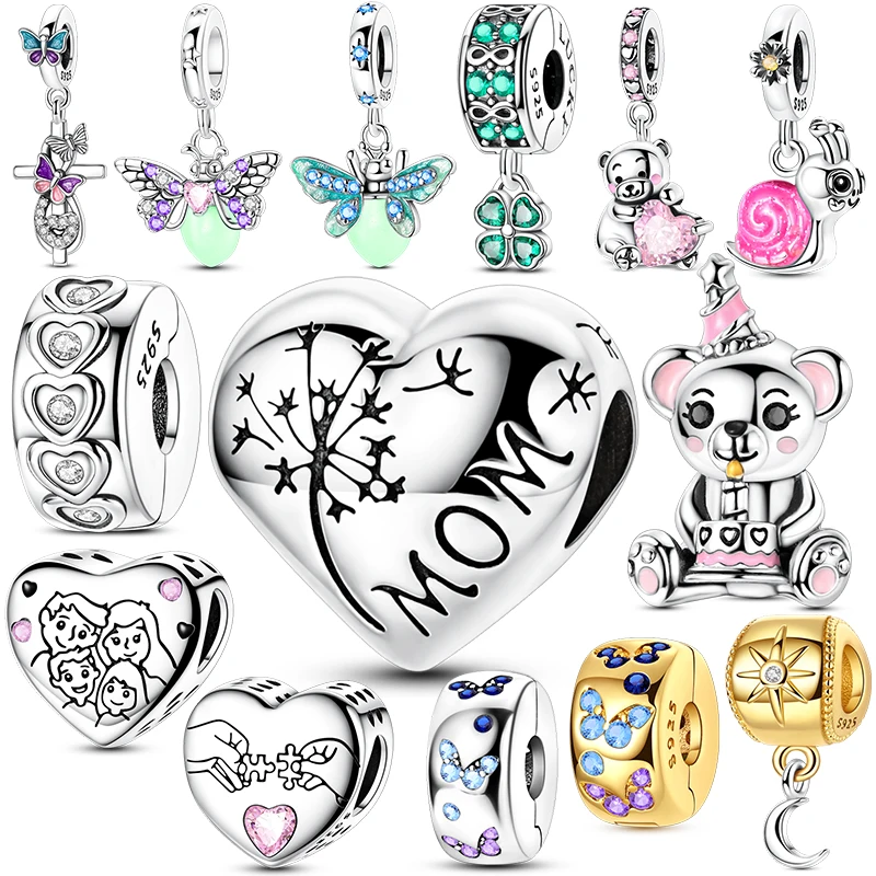 

925 Sterling Silver Mom Heart Charms Beads Puzzles Luminous Firefly Bear Pendants Fit Original Bracelet Jewelry Gifts Marking