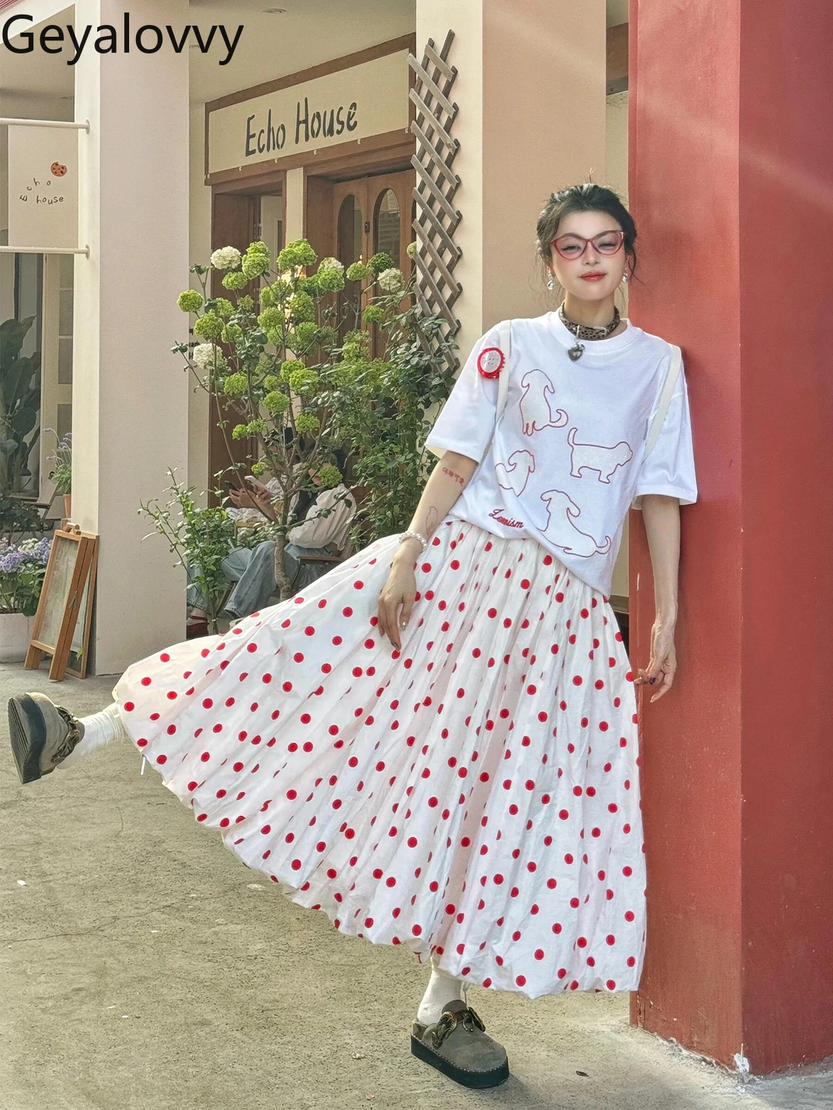 Gonna a vita alta a pois rossi giapponesi Estate Nuove ragazze dolci Versatile elastico in vita Grande altalena Soffici gonne a bolle di boccioli