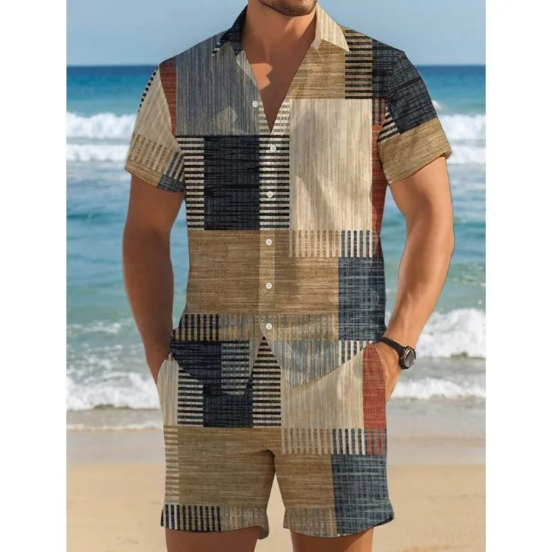 

Splice Lattice 3D Print Men's Short-sleeved Hawaiian Shirt Ethnic Striped Street Fashion Shorts Summer Casual Shirt Beach Set