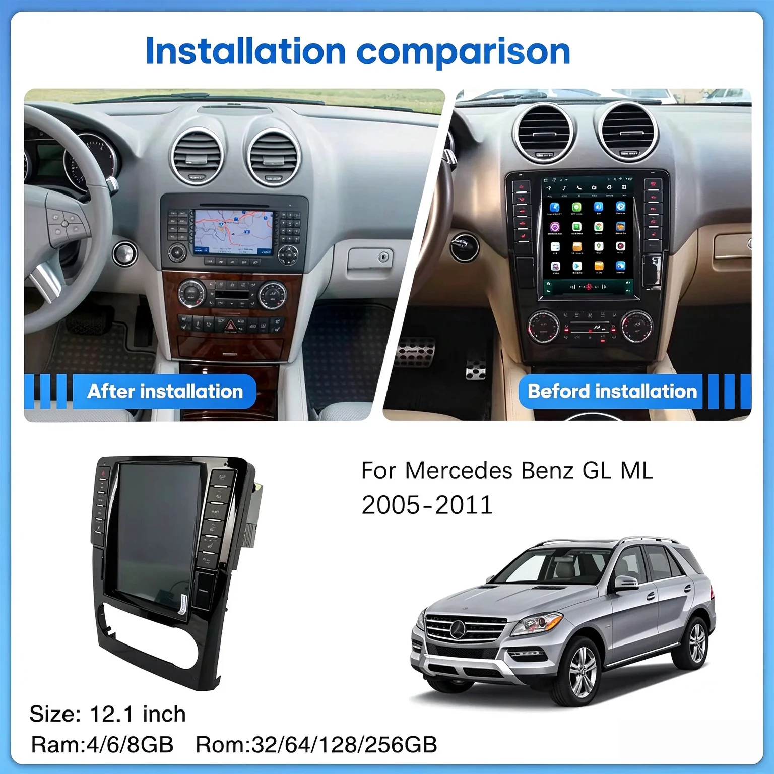 Carplay Audio For Mercedes Benz ML W164 W300 ML350 ML450 ML500 GL X164 G320 GL350 GL450 GL500 Android 14 Car Touch Screen GPS
