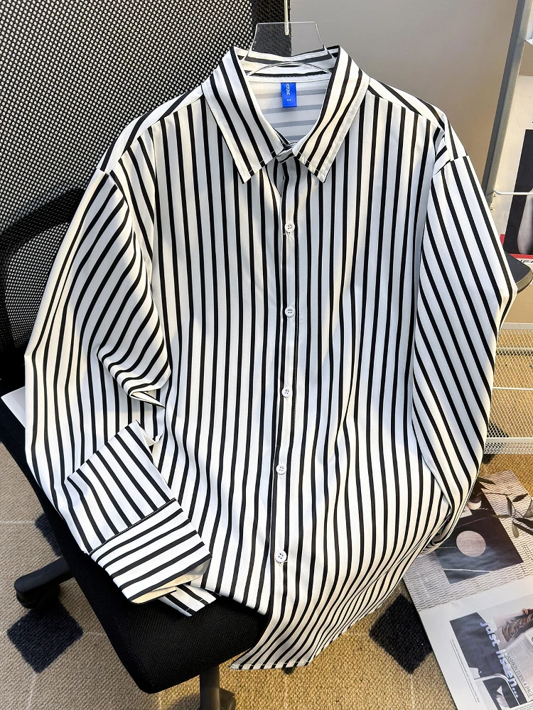 

Loose Fit Men's Long Sve Striped irt Casual Spring Autumn Wear Comfortable Breathable Youthful Sle Hong Kong Trend