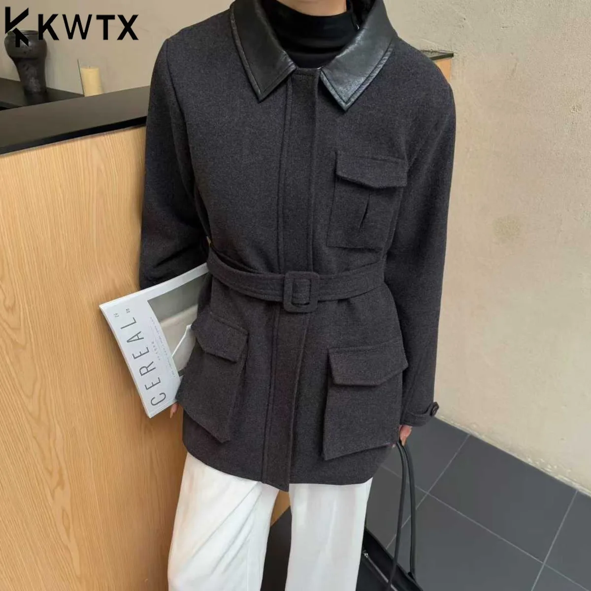 

KWTX 2025 Women’s Double Faced Wool Coat Jacket Belted Patchwork Pockets Snap Buttons Elegant Vintage Fall Winter Stylish