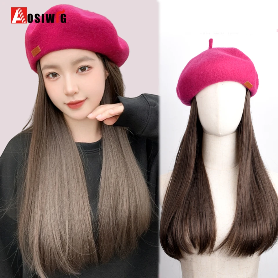 Pink Beret Wig Synthetic Long Straight Hat Wig Hat Detachable Wig Keeps Warm And Fashionable Hat Wig For Women