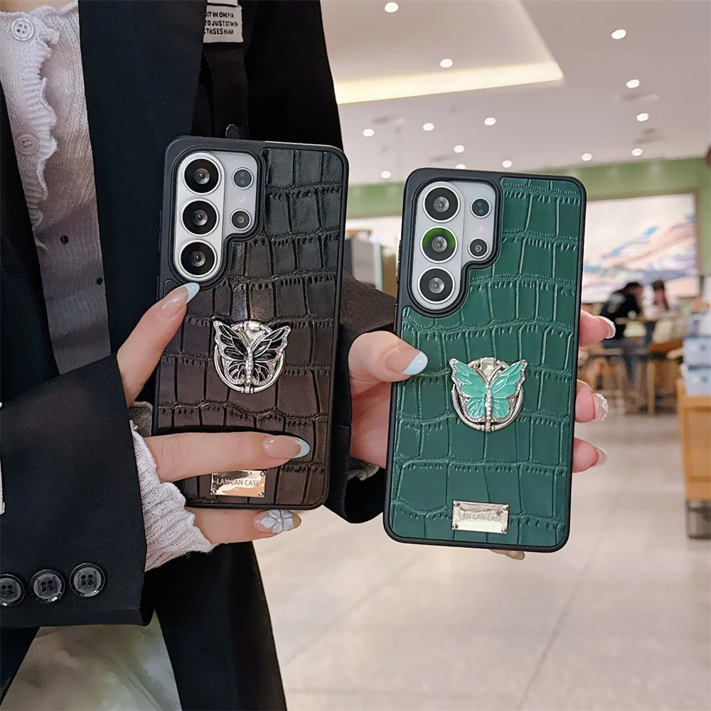 

Y2K Luxury Butterfly Stand Phone Case for S26 Ultra Crocodile Pattern Ring Holder Protect Cover for SamSung Galaxy S25 S24 S23