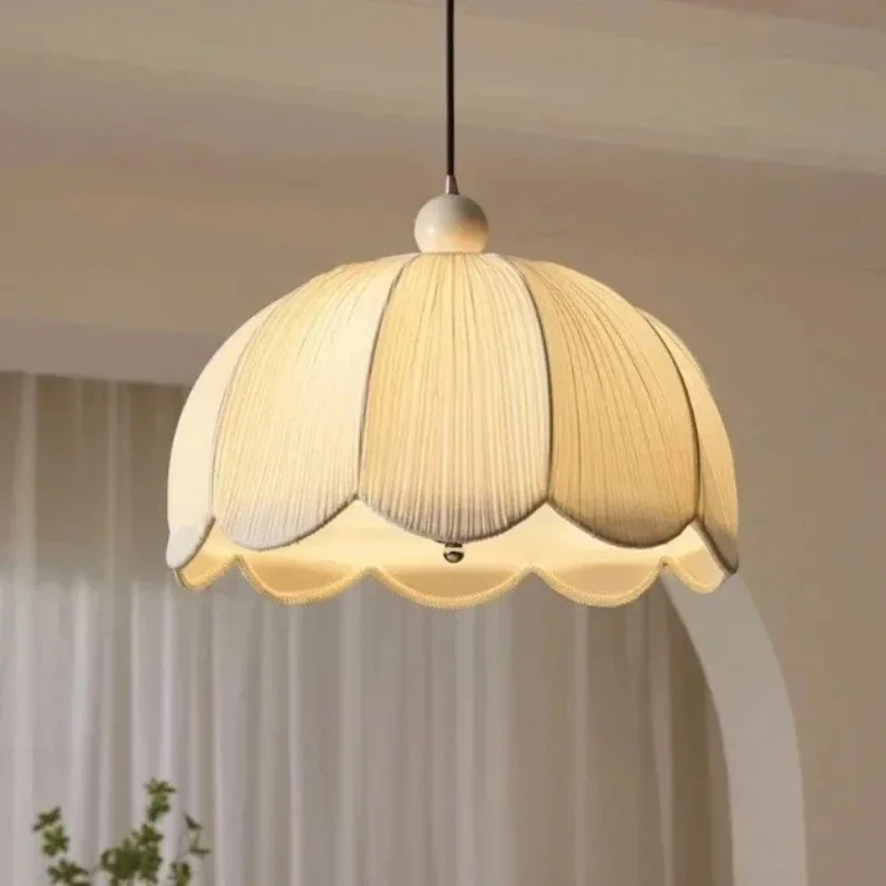 

French Vintage Fabric Flower Pendant Light Decorative Ceiling Hanging Lamp For Bedroom Dining Room Home Lighting