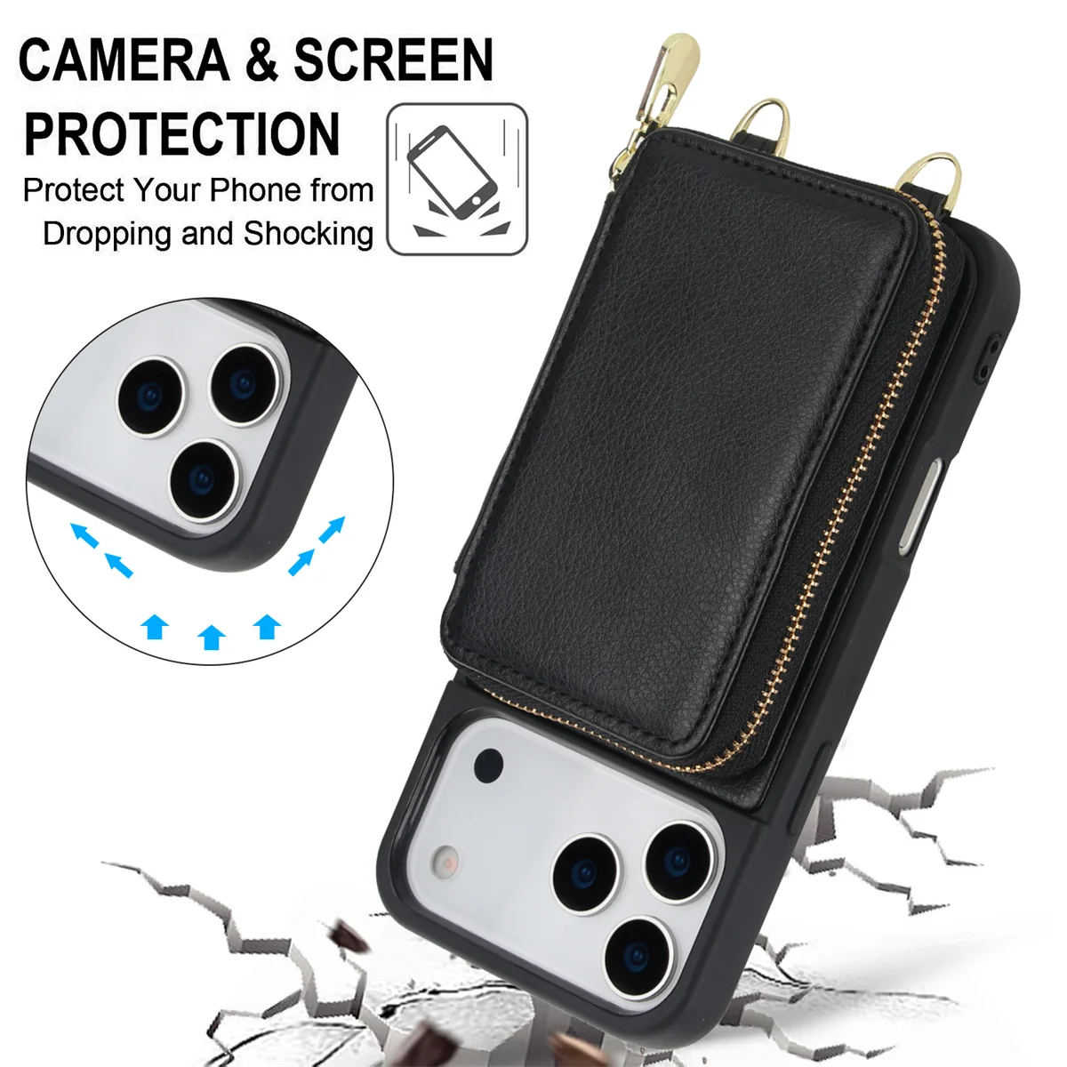 Dompet Kulit dengan Resleting dan Tempat Kartu untuk IPhone 17 Air 16E 16 15 14 Pro Max 12 13 X XS XR 7 8 Plus, Penutup RFID