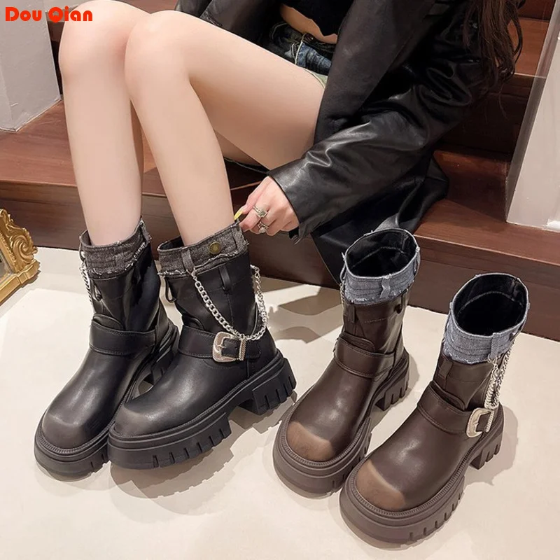 

Thick Soled Martin Snow Boots Women 2024 Autumn Winter British Style Thick Heel Knight Maillard Slim Western Ankle Boots Shoes