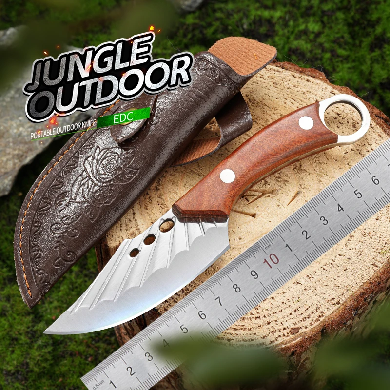 Outdoor knife portable ring knife knife hand knife meat knife camping with hammering pattern forging knife