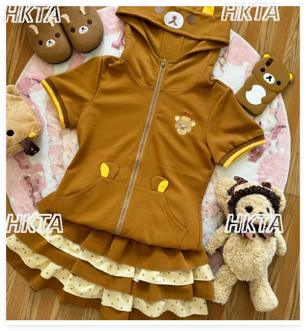Japanese Cute Cartoon Embroidered Kangaroo Pocket Waist Hooded Jacket Top Female Polka Dot Cake A Line Skirts Sweet Sets Women