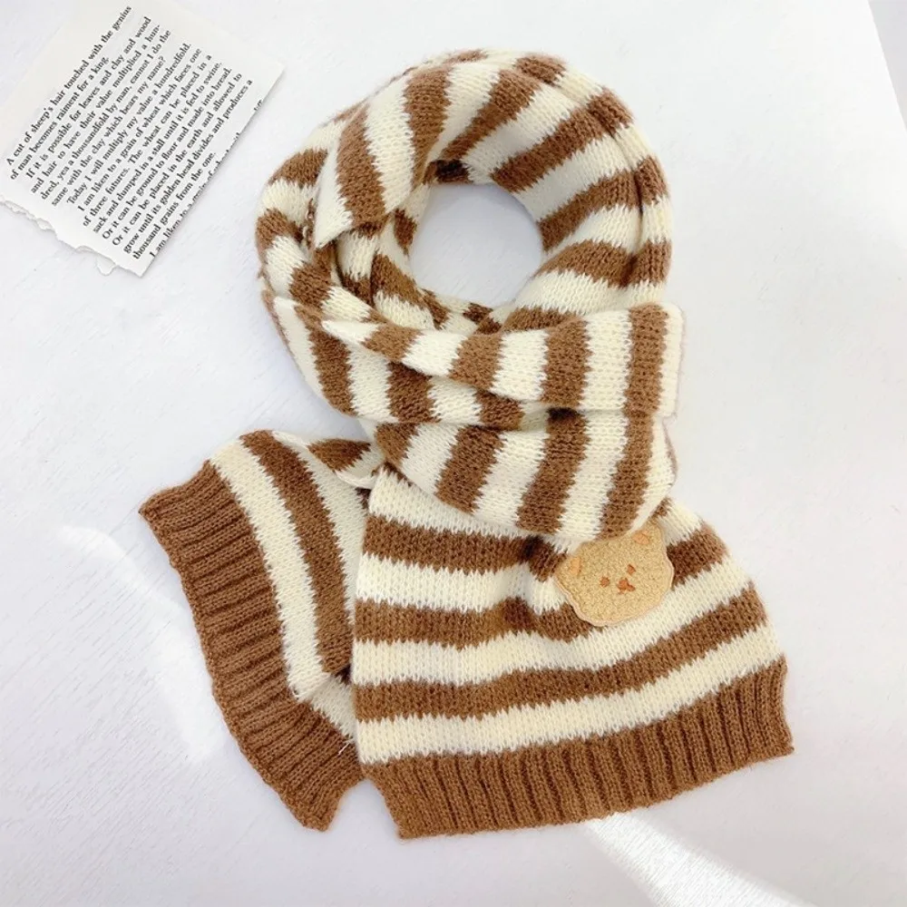 

Fashion Cute Bear Children's Scarf Winter Warm Soft Striped Knitted Scarf Windproof Breathable Neck Cover