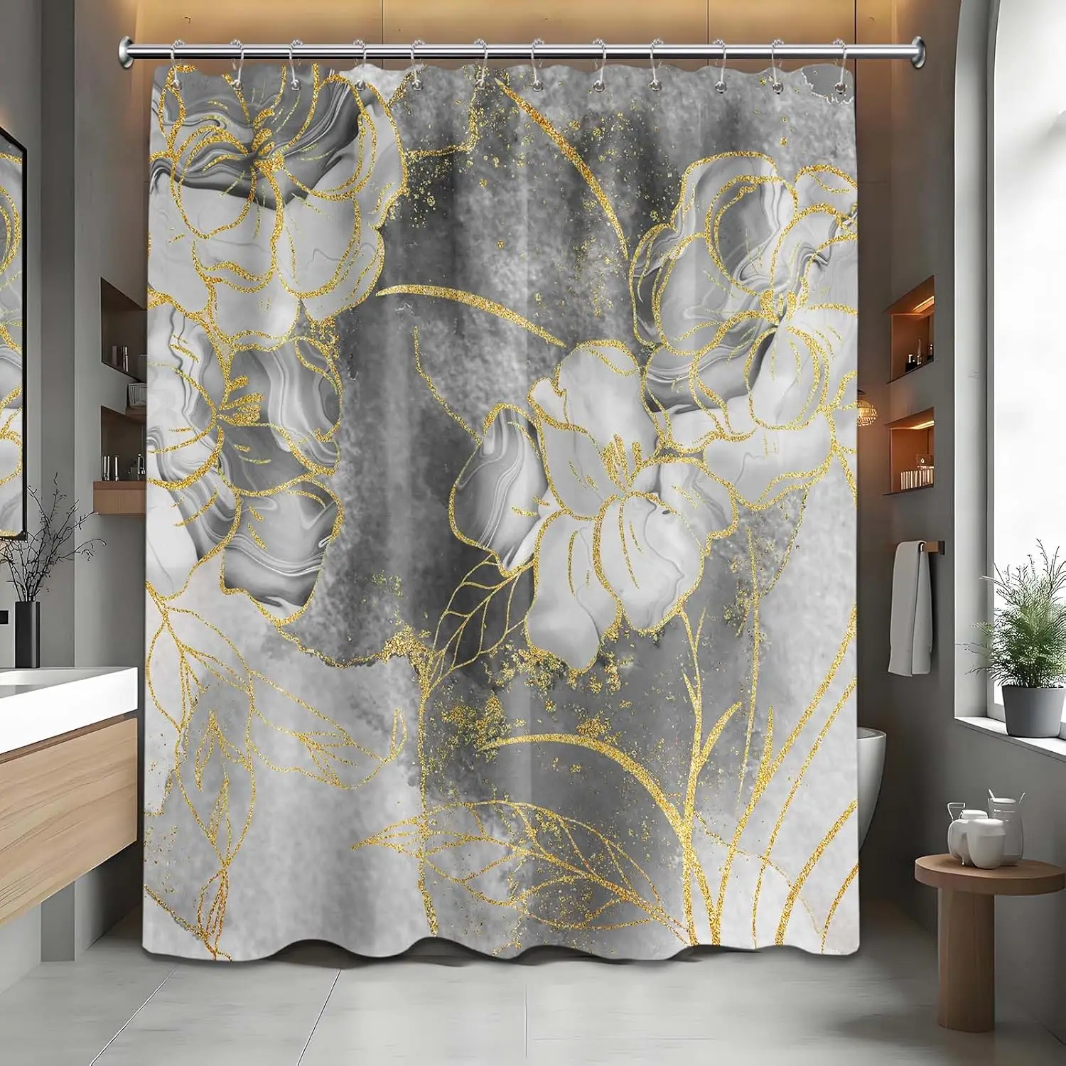 

Black and Grey Shower Curtain Gray White and Gold Abstract Floral Shower Curtains for Bathroom Decor Set, Waterproof Fabric with