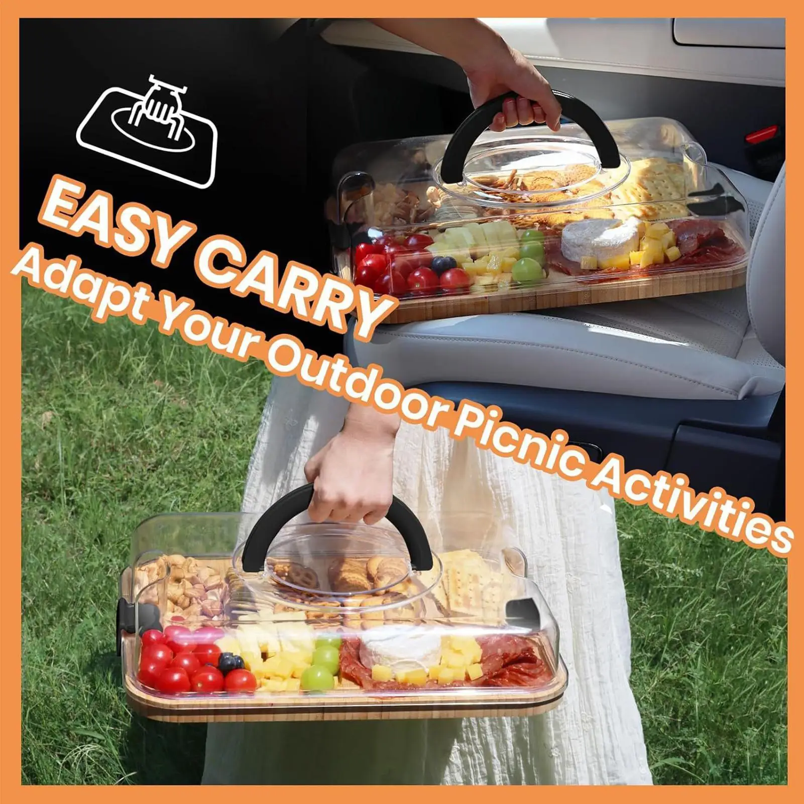 

Snack Tray Wooden Cheese Board Picnic Box Cheese Tray with Grid Fruit Bento Box Suitable for Outdoor Travel Camping Vacation