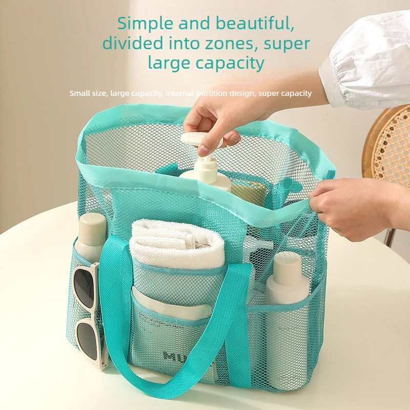 Large Capacity Mesh Beach Bag Handled Hollow Out Seaside Travel Storage Bag For Towels Slippers Shopping