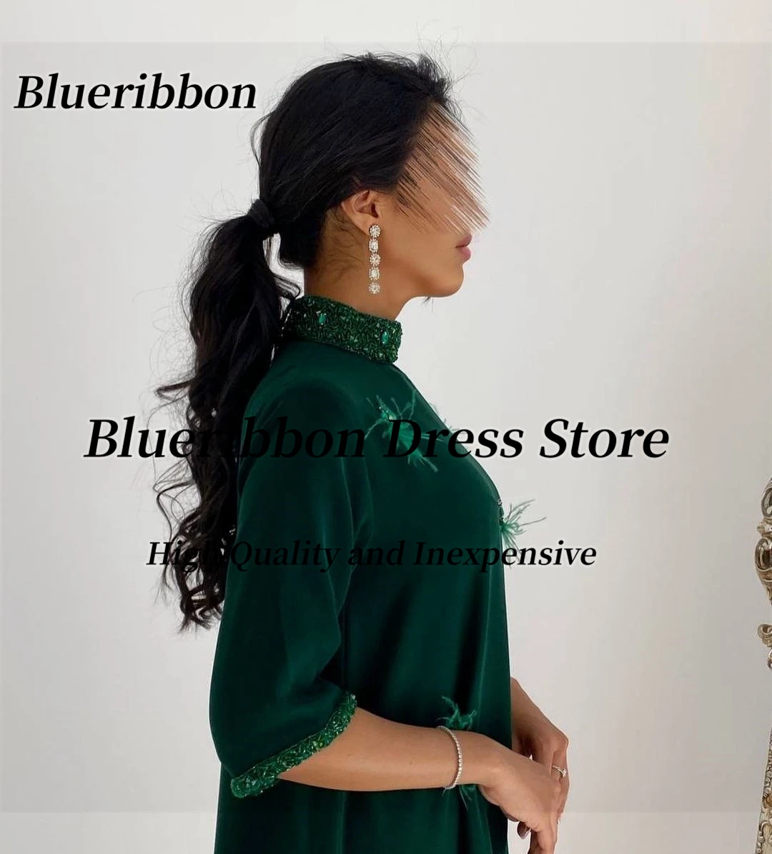 Blueribbon-Vestido largo de cuello alto para mujer, vestidos de fiesta de noche, Arabia Saudita, Media manga, plumas, línea A, graduación