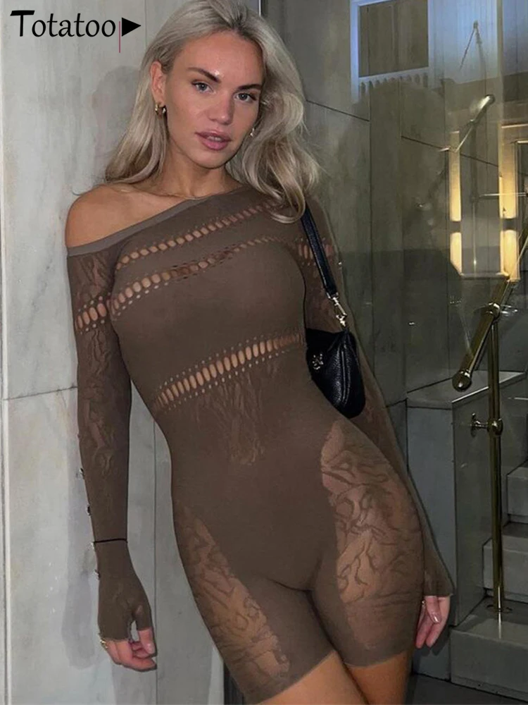 

One Piece Skinny Jumpsuit for Women Sexy Off Shoulder Perspective Hollow Out Long Sldeve Transparent Tight Playsuit 2024