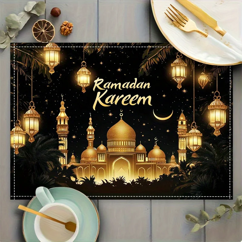 1PC Ramadan Mubarak Table Mats - Golden Islamic Design with Arabic Calligraphy, Durable Linen Placemats for Rustic Farm