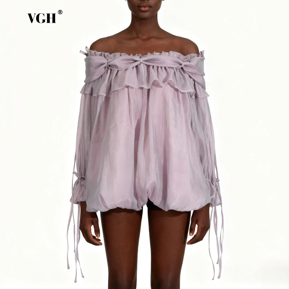 

VGH Sexy Patchwork Lace Up Blouse for Women Slash Neck Lantern Sleeve Patchwork Ruffles Large Size Blouses Female Fashion 2025