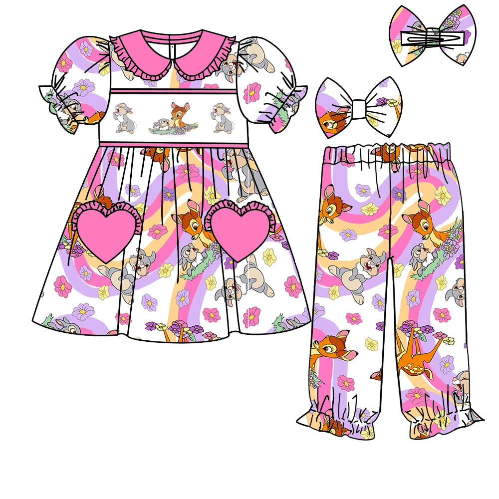 Boutique children's suit Easter short-sleeved elastic rabbit deer rainbow print trousers elastic girl suit baby nightgown