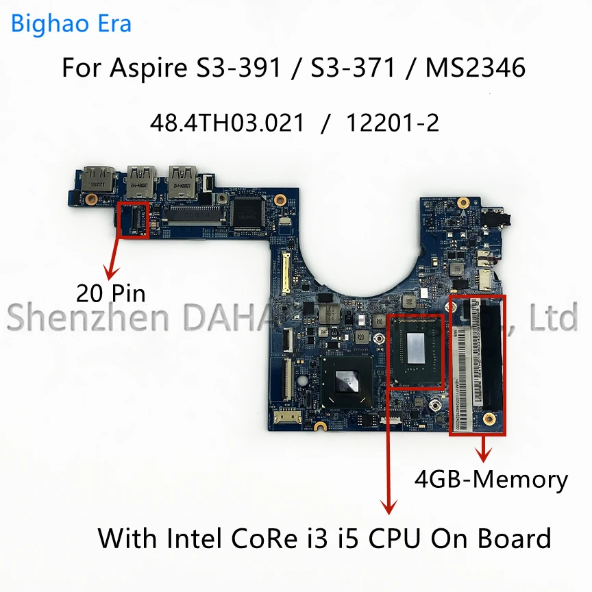 

For Acer Aspire S3-391 S3-371 MS2346 Laptop Motherboard With i3 i5 CPU 4GB-RAM HM2-CR UMA 48.4TH03.021 12201-2 NB.M1011.003