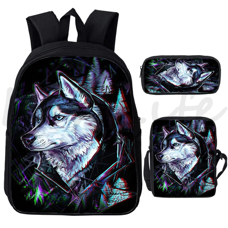 Ensemble de sac à dos Animal Discuting Wolf, sacs à stylos cool, sacs de livres pour étudiants, sacs d'école à la mode, sac à dos de voyage pour adolescents, 3 pièces