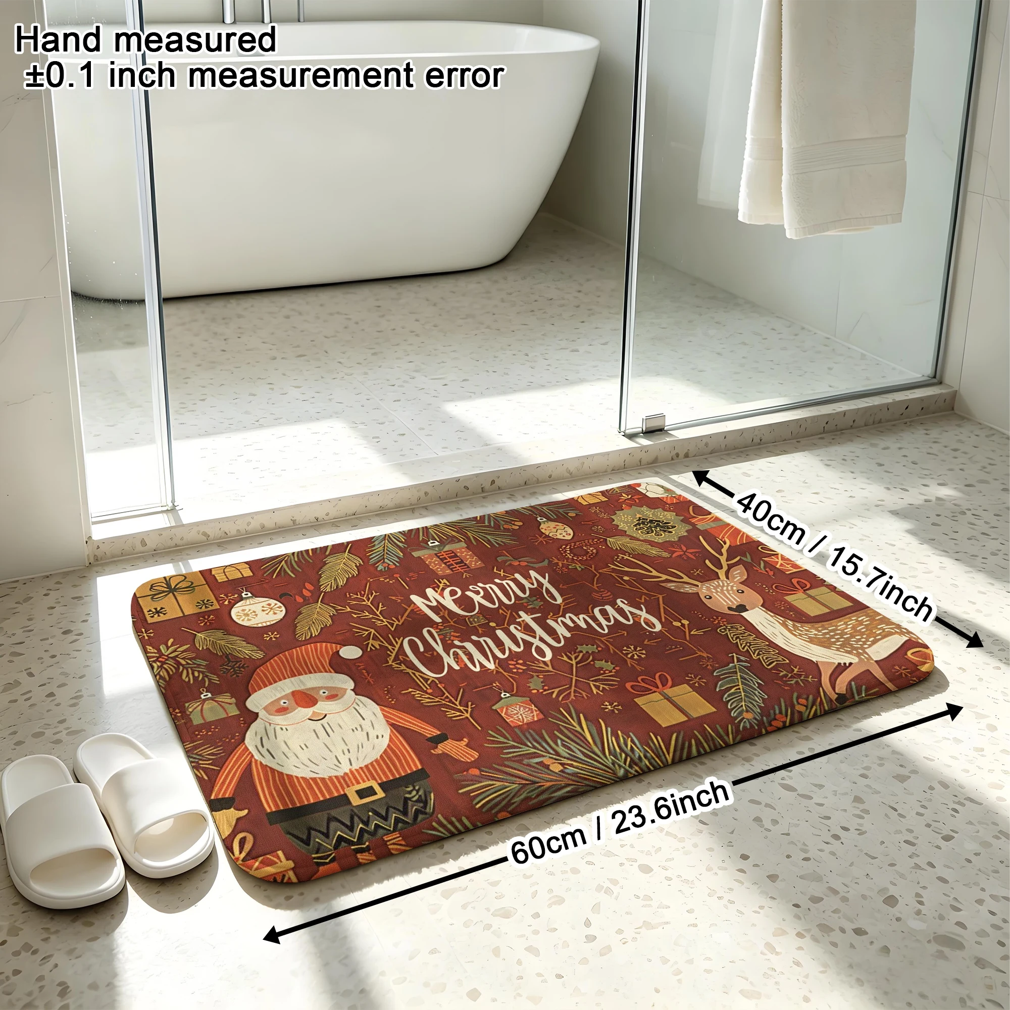 Retro Folk Santa Reindeer Pine Gift Print Plush Absorbent Sponge Mat,Bathroom Non‑Slip Mat & Decorative Door Mat