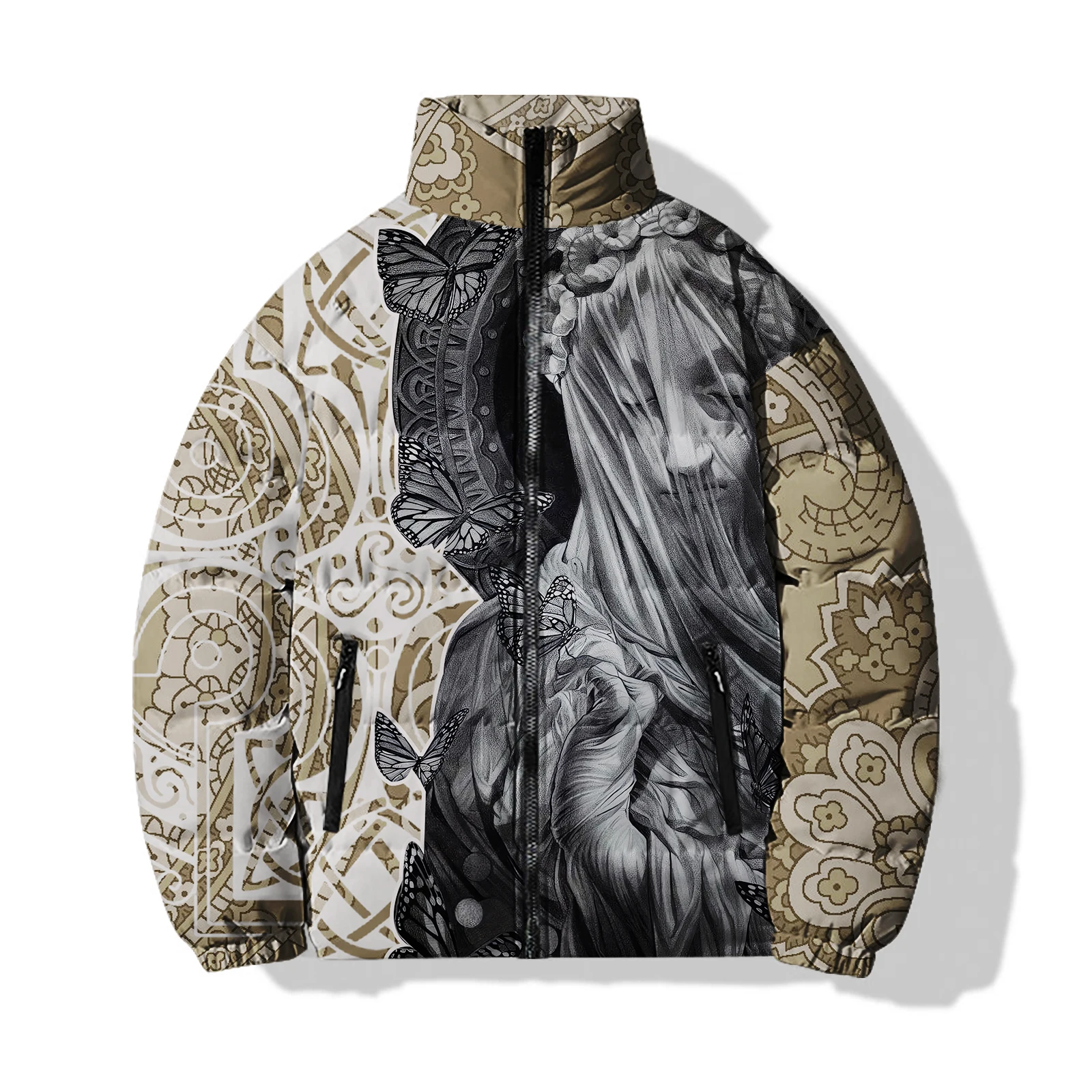 Winter Heren Kleding Losse Katoenen Heren Casual Jas Parkas Kleding Retro Sculptuur Bedrukt Katoenen Kleding Harajuku Streetwear