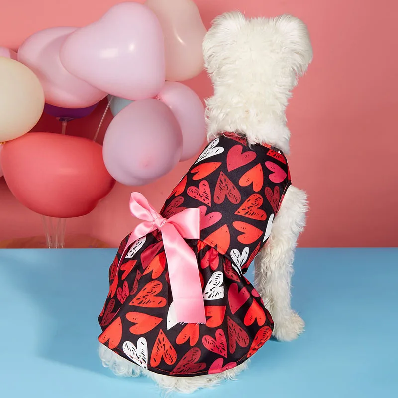 Pet Dogs Princess Dress, Heart Print Tie-up Dog Costume Valentine’s Day Party Styling Clothes