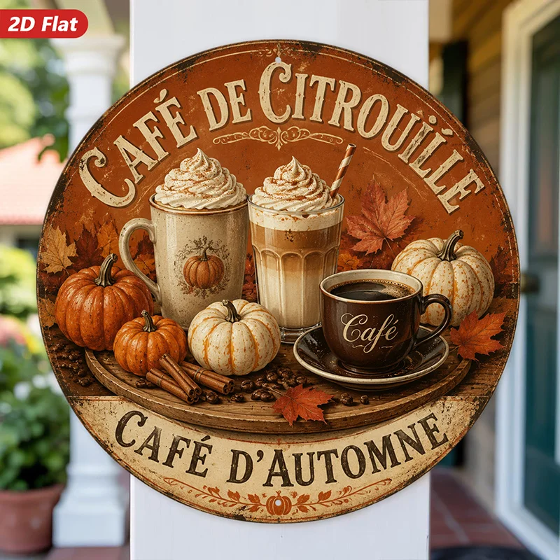 2D Flat, 1pc Pumpkin Autumn Round Metal Sign Wall Art, Cafe De Citrouille Text, Home Decor, Cafe D'Automne Text, Whipped Cream T
