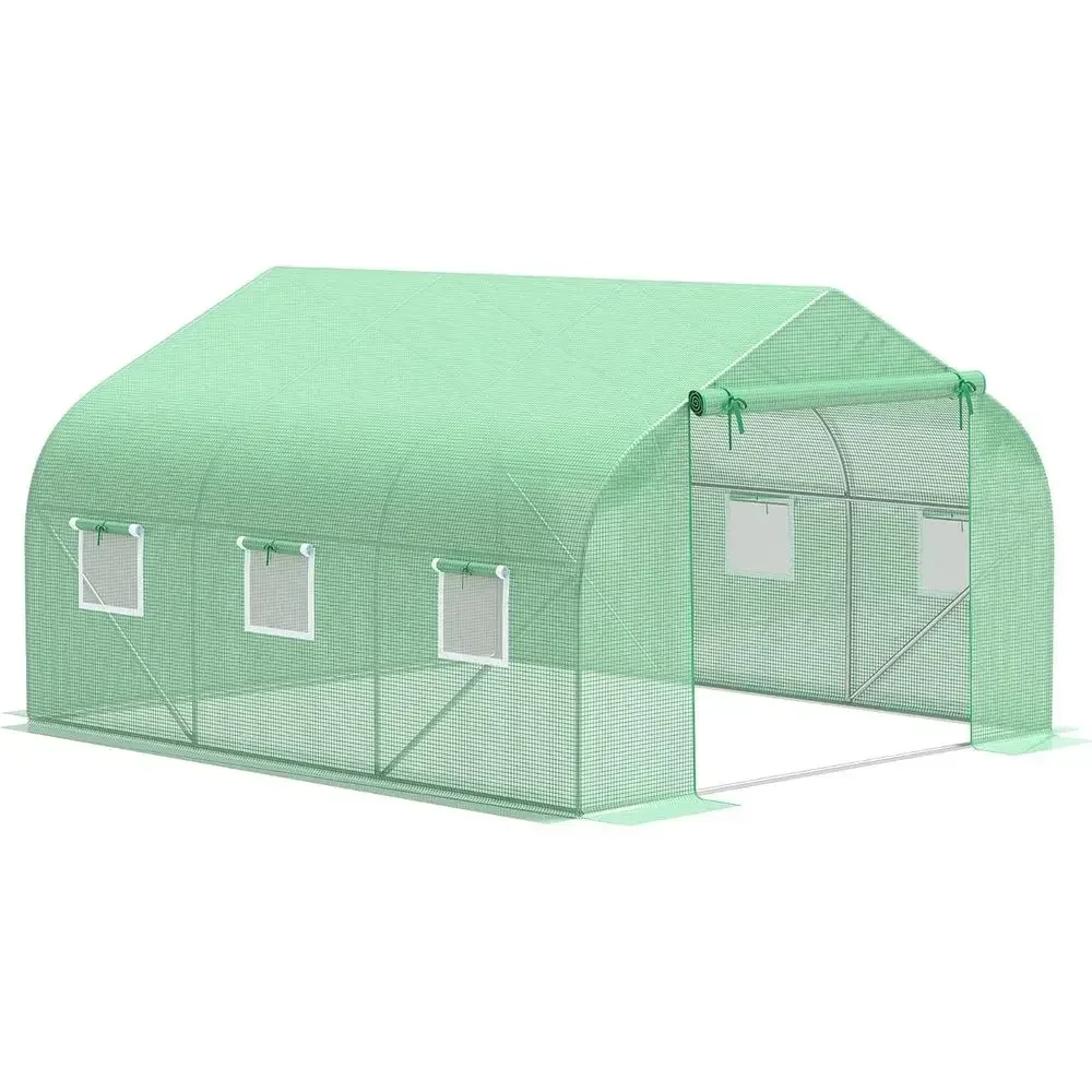 Large Outdoor Walk-in Greenhouse, Tunnel Style with Roll-up Windows, Zippered Door, PE Cover, Heavy Duty Steel Frame, Green