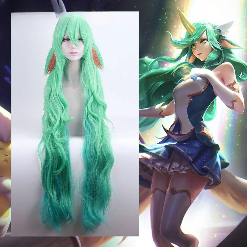 

Парик для косплея по мотивам игры LOL Star Guardian Soraka, женский парик из Лиги Легенд сорака с 2 искусственными рожками