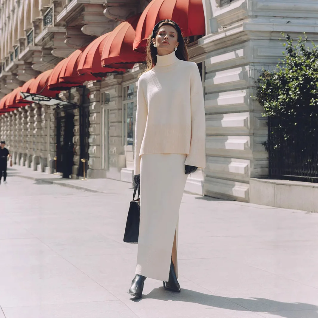 

Loose High Collar Sweater And Skirt Set Autumn Winter New Sle Asymmetrical Slit Midi Skirt Long Sve Faion Set for Women