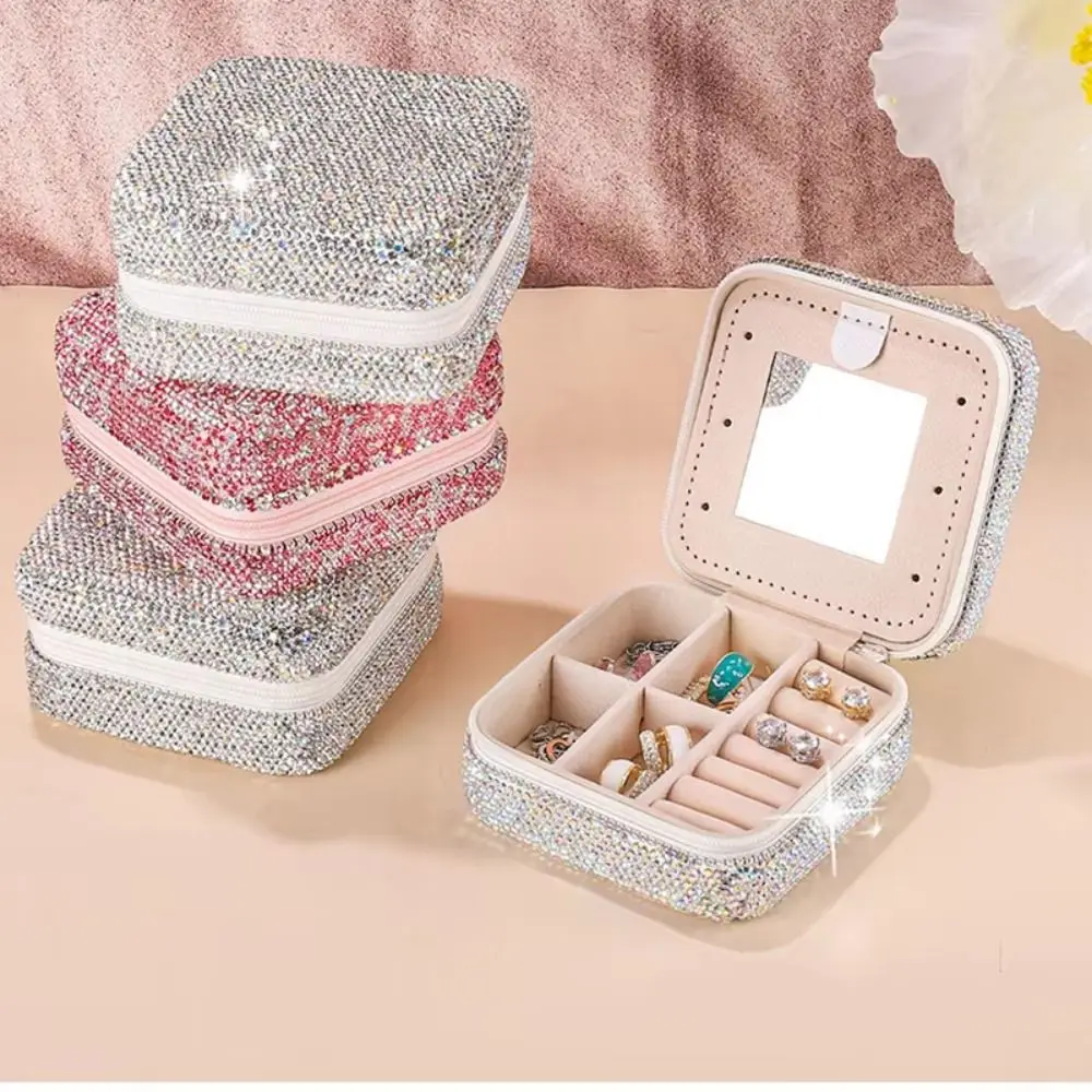 

Luxury Bling Rhinestone Jewelry Box Square Double Layer Travel Earrings Storage Case With Mirror Shiny Studded Jewelry Organizer