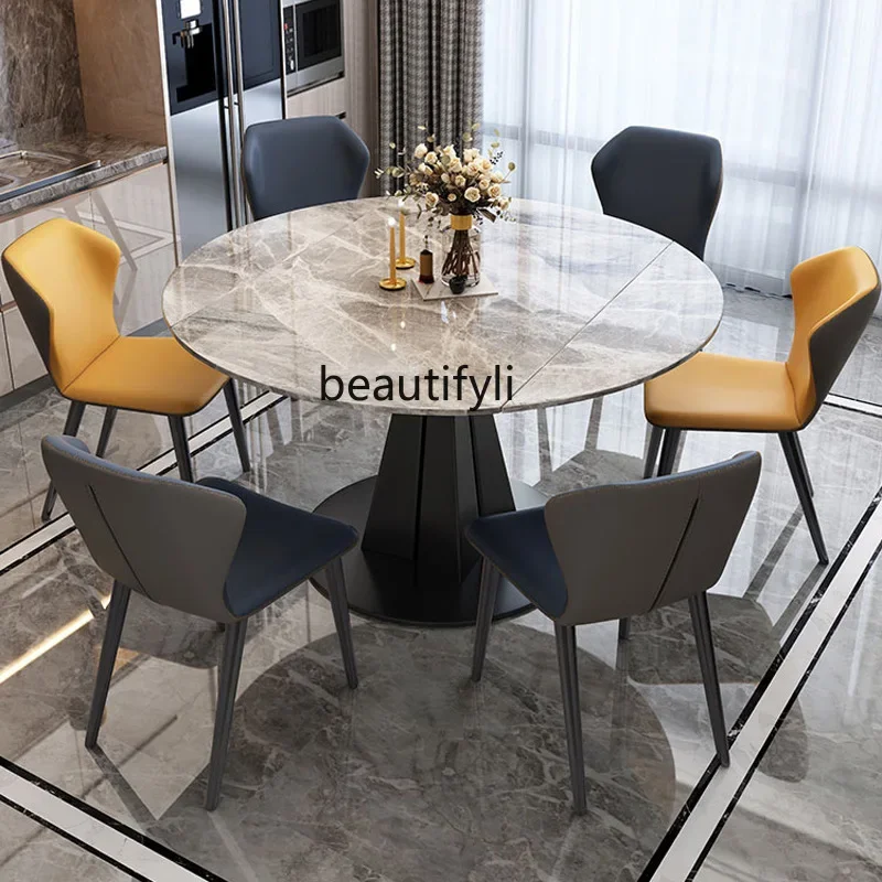 

Light luxury rock slab dining table and chair combination small apartment rotating telescopic folding round dining table