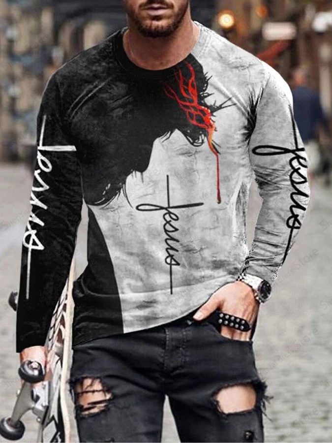 Vintage Men's Long Sleeve T-shirt 3d Jesus Christian Print Graphic T Shirts Men Fashion Tops Tees Outdoor Sports Tops Fitness