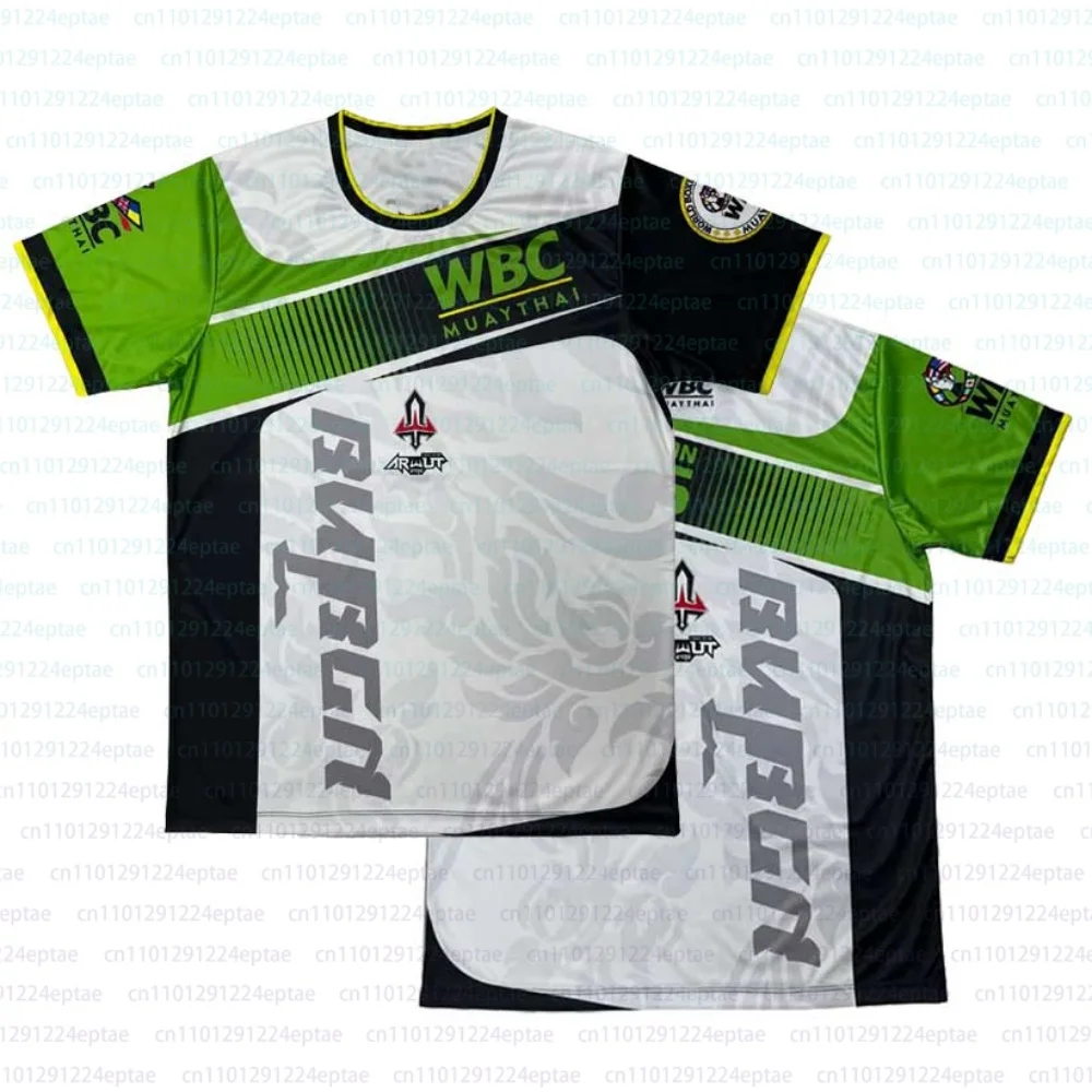 

Футболка WBC для тайского бокса, дизайн с цветовыми блоками, тайским шрифтом и этническим узором, дышащая спортивная рубашка для бойцов тайского бокса