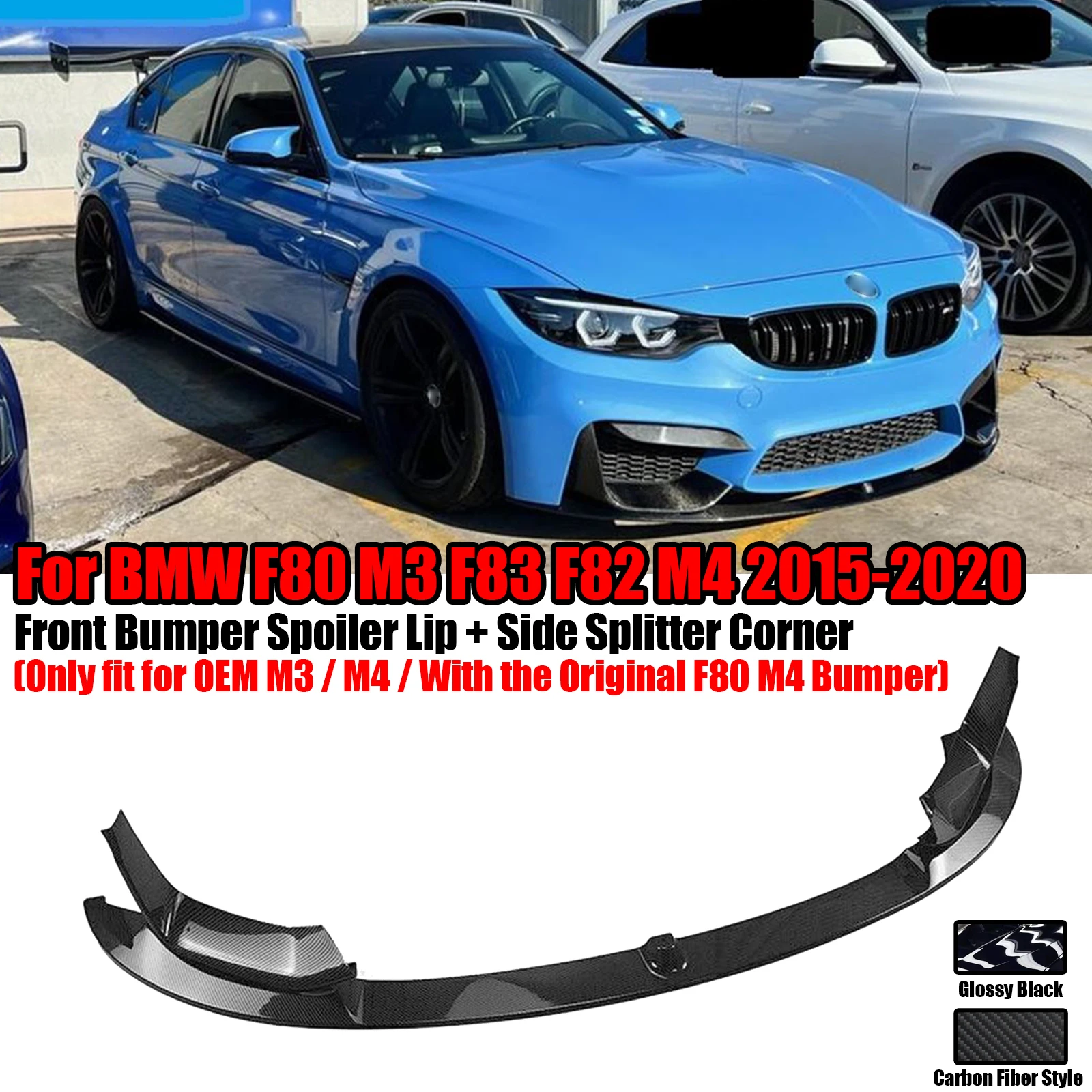 

For BMW F80 M3 F83 F82 M4 2015-2020 Car Front Bumper Spoiler Lip Blade Lower Side Air Vent Hood Cover Splitter Corner Kit