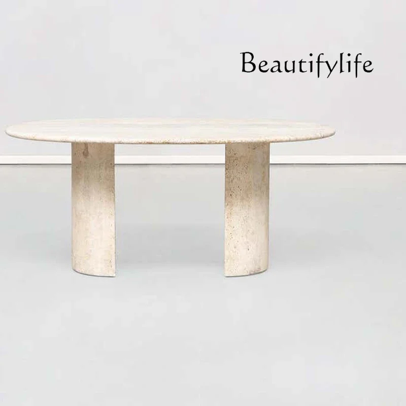 N40 Nordic natural travertine marble oval long wabi-sabi wind villa model room living room simple dining table