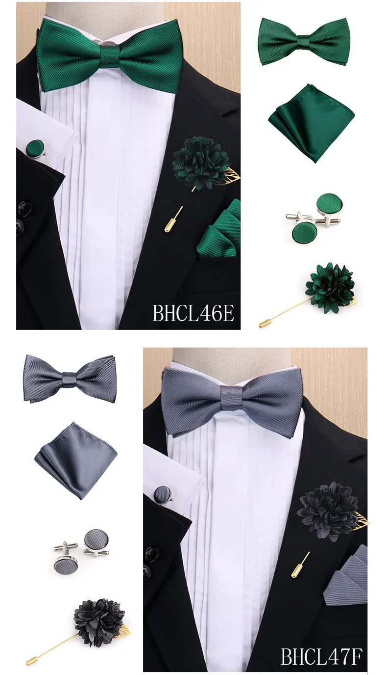 Modisches einfarbiges Fliege-Set für Herren, Fliege, Taschentuch, Manschettenknöpfe mit floraler Brosche, Anzug, Hochzeit, Business, Herren-Accessoires – Detail 12