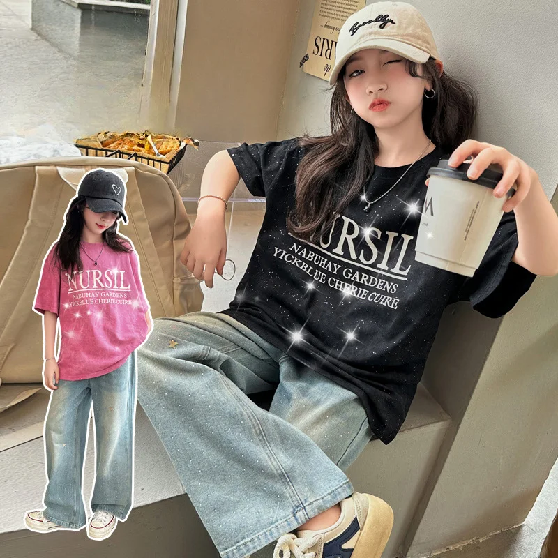 

Girls T-shirt Fashion Short-sleeved Summer 2024 New Children Style Match T Top Medium Children T-shirt Short-sleeved Girls