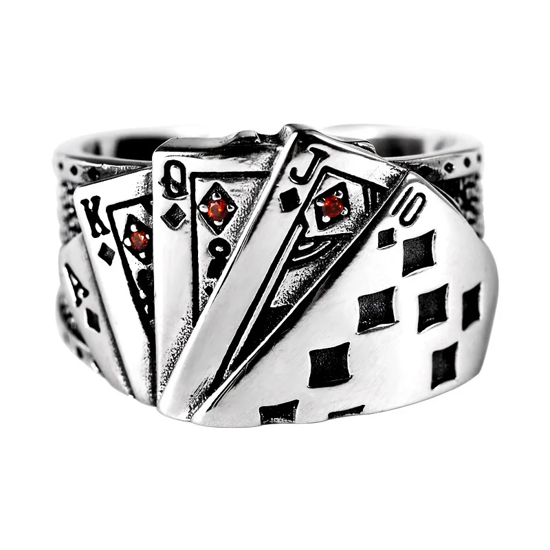 KOFSAC Trendy Creative Card A K Q J Ring For Men Jewelry Vintage Open Size 925 Sterling Silver Ring Boy Gifts Party Accessories