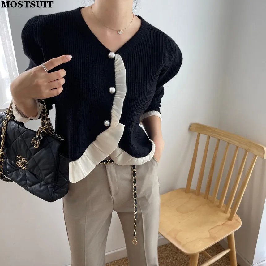 Korean Elegant Women Cardigan Sweater Autumn Winter Ruffles V-neck Long Sleeve Knit Coat Vintage Fashoin Chic Pearl Buttons Tops