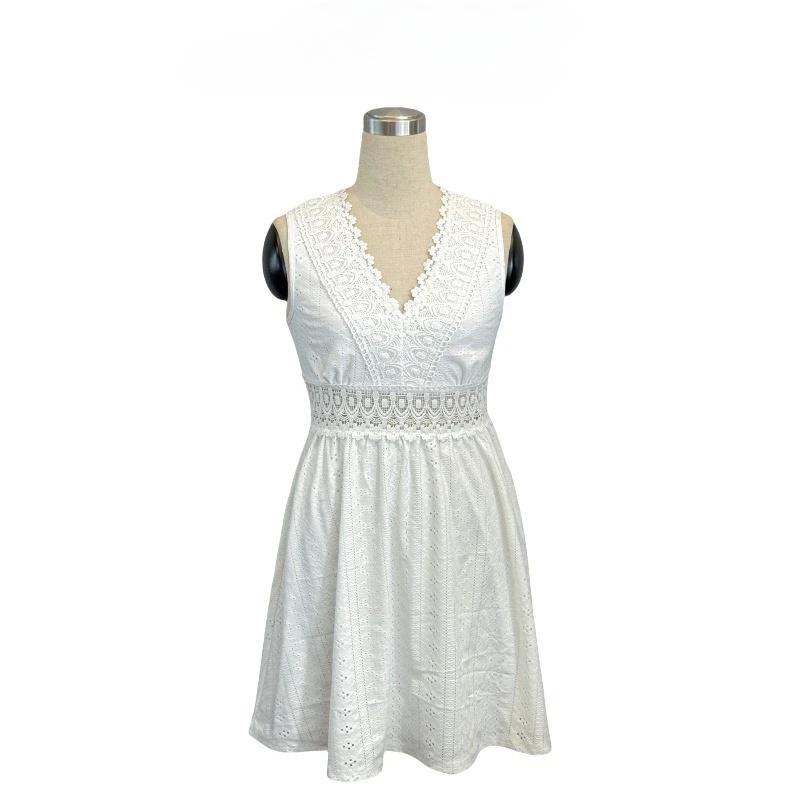 크로스보더 여름 신상 우아한 민소매 브이넥 레이스 스플라이스 자카드 캐주얼 드레스 유럽 및 미국 스타일 스커트