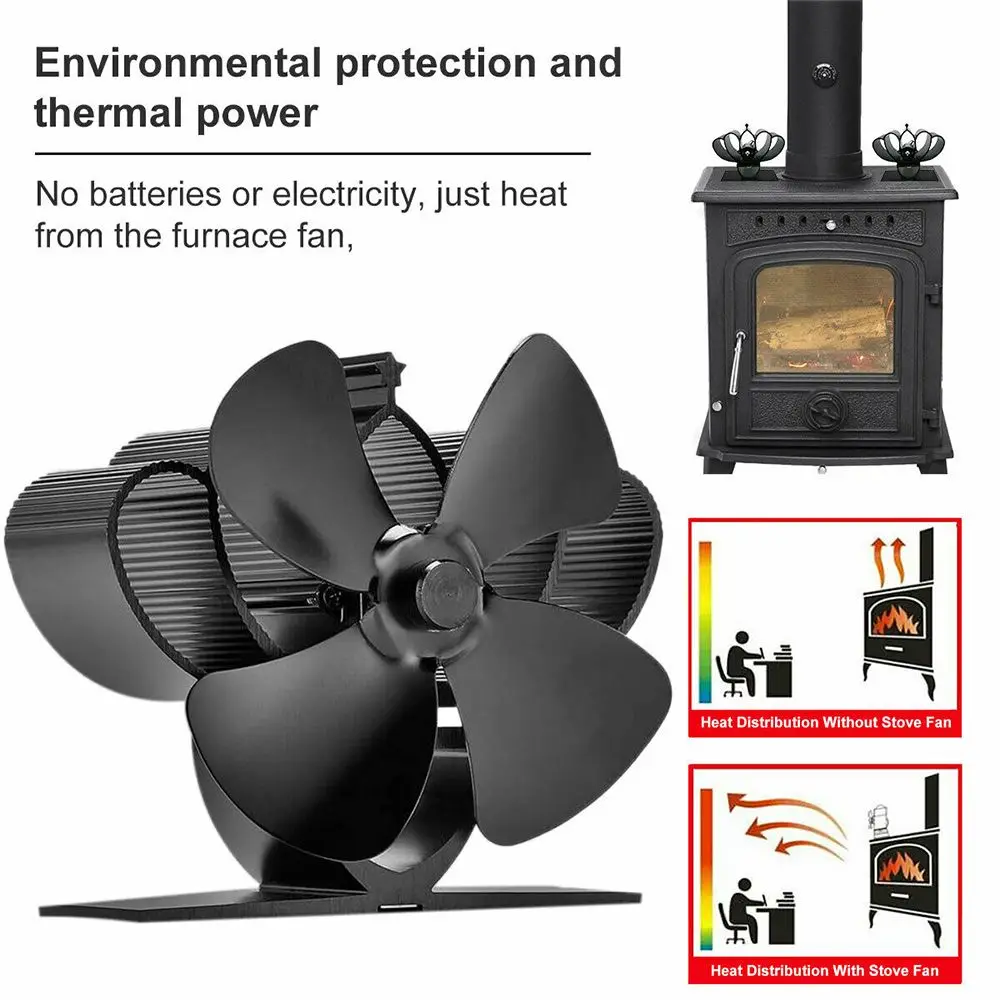 

Aluminium Alloy Heat Powered Stove Fan Lotus Shaped 4 Blades Fireplace Fan Home Stove Top Fan For Warm Air Circulation