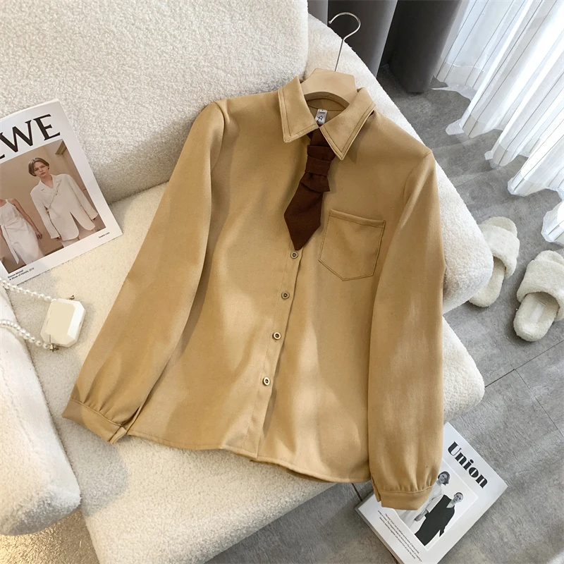 Bomon Autumn/Winter 2024 new Korean version of Student POLO collar long sleeve shirt removable bow tie loose solid color top