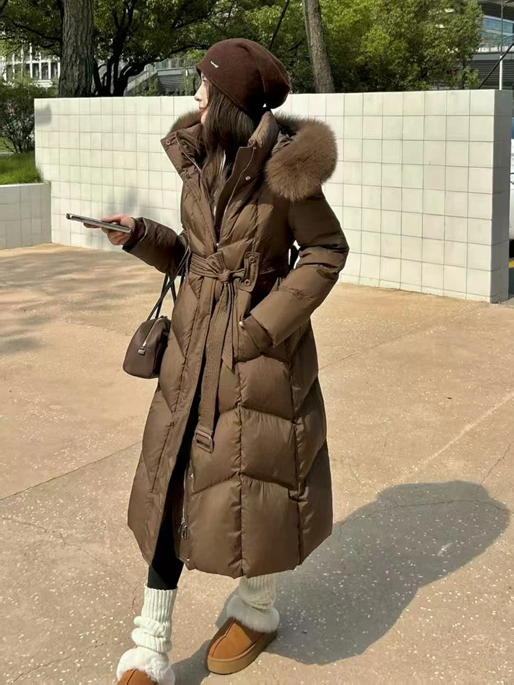 Winter Long Natural Fur Collar Hooded Down Jacket Women White Duck Down Cold Proof Outwears Female Warm Knee Length Down Jacket